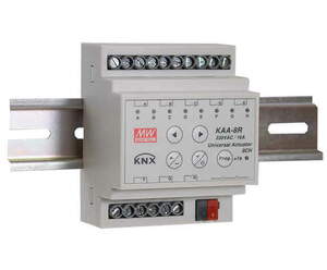 Actuador multifunción KNX, calefacción / conmutación / persianas, 8 salidas binarias / 4 canales persianas, 16A, >200µF C-load, carril DIN, Ref. KAA-8R